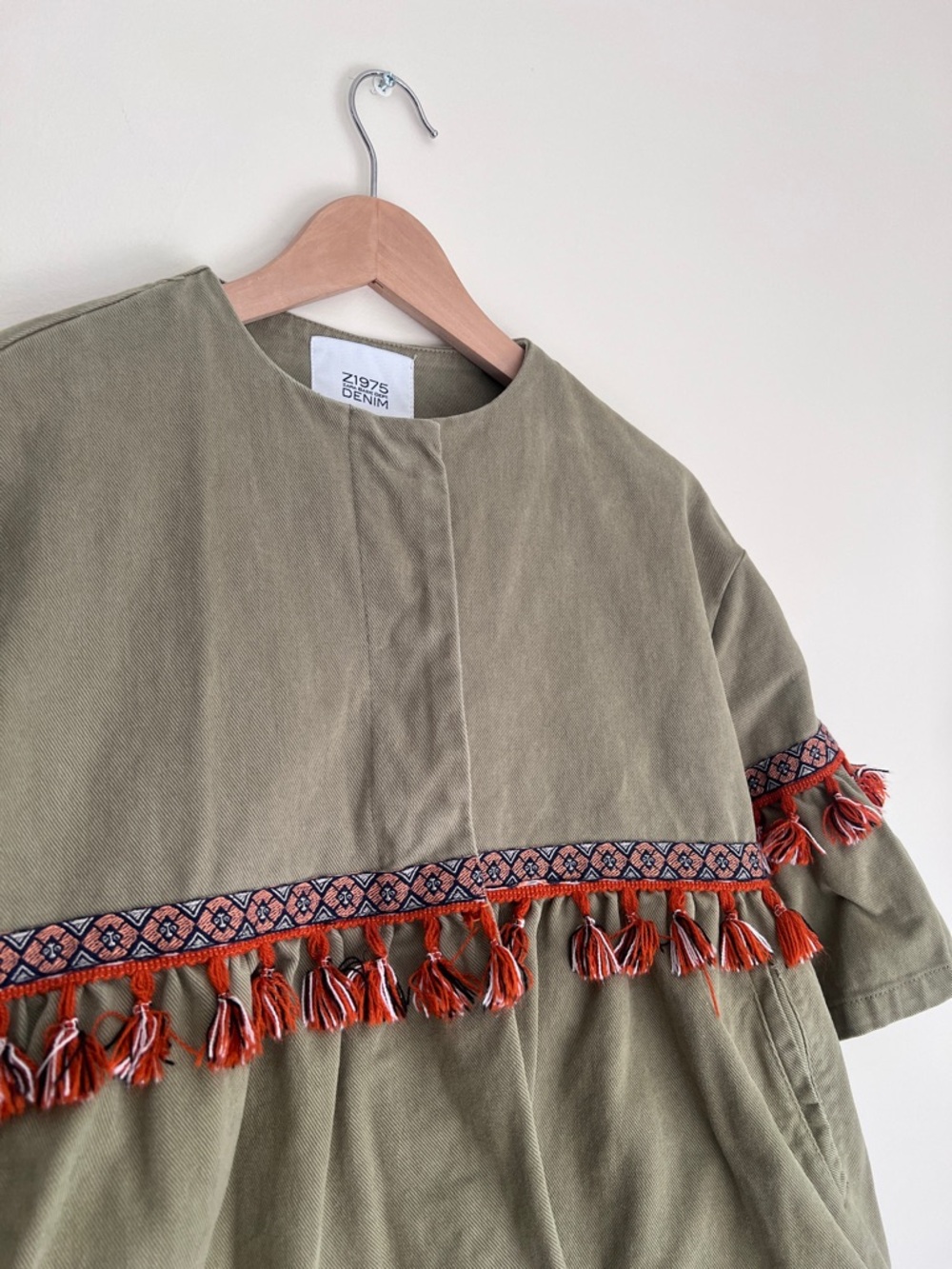 Zara Olive Green Jean Jacket with Orange Tassel Trim